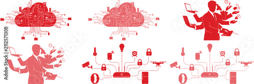 Red of cloud computing, multitasking business people, and smart home io t devices with circuit board patterns and hatched line textures