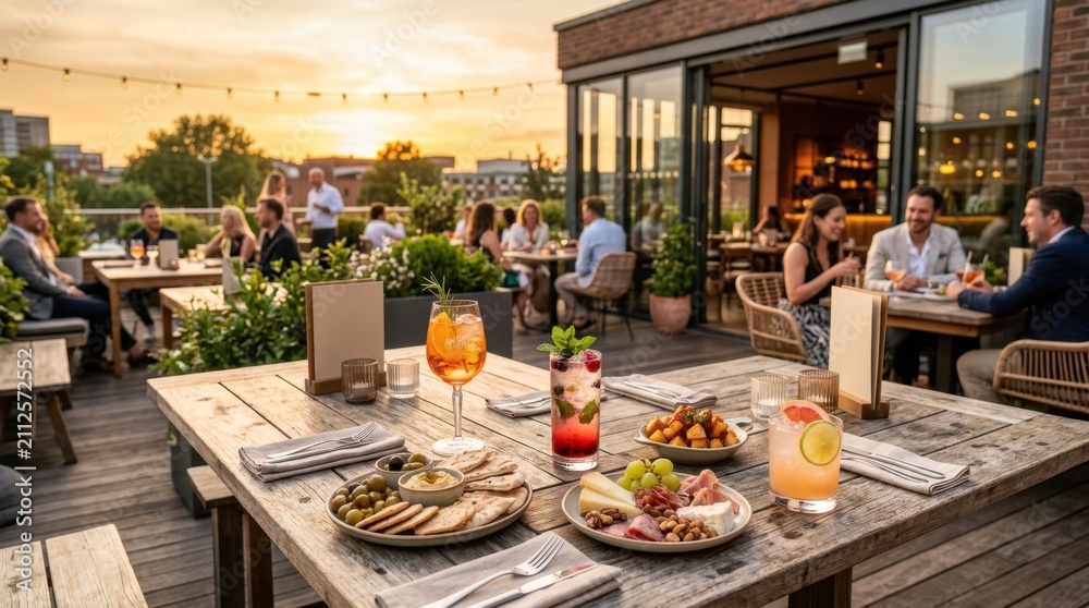 Obraz premium People enjoying drinks and appetizers on a rooftop terrace at sunset