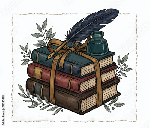 Vintage dark academia stack of tied books with feather quill pen, inkwell, and botanical sprigs isolated on white background
