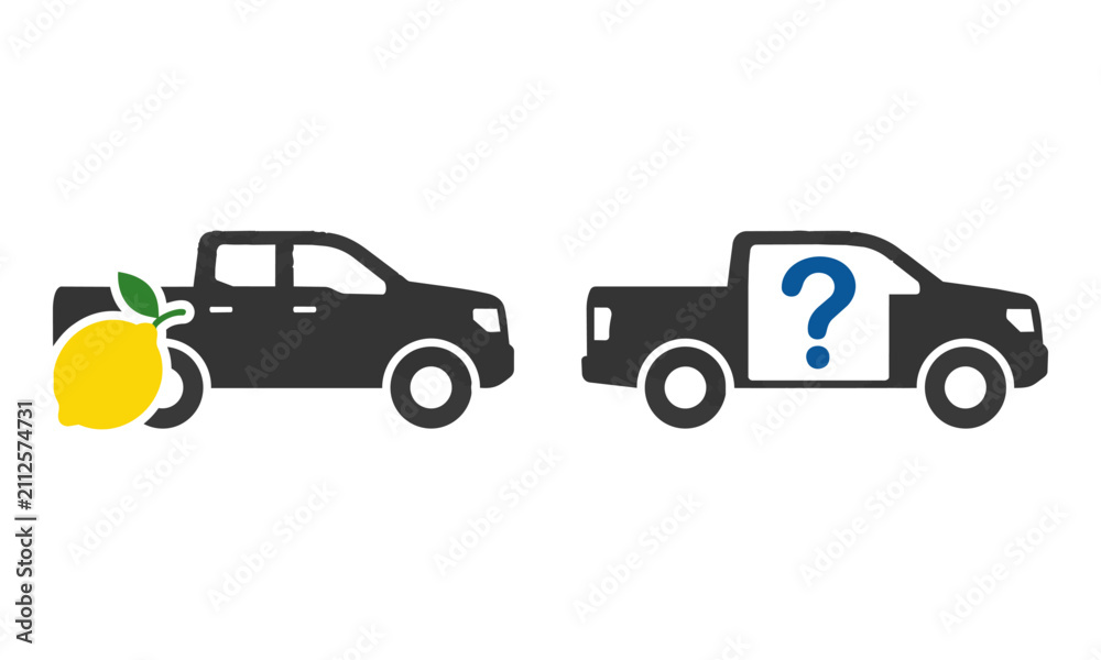 Fototapeta premium Minimalist pickup truck icons with lemon and question mark symbols on a white background, simple graphic design concept