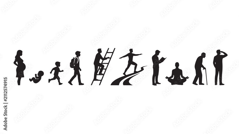 Obraz premium Life Stages Depicted in Silhouette From Pregnancy to Old Age Featuring Baby, Child, Running with School and Student Elements
