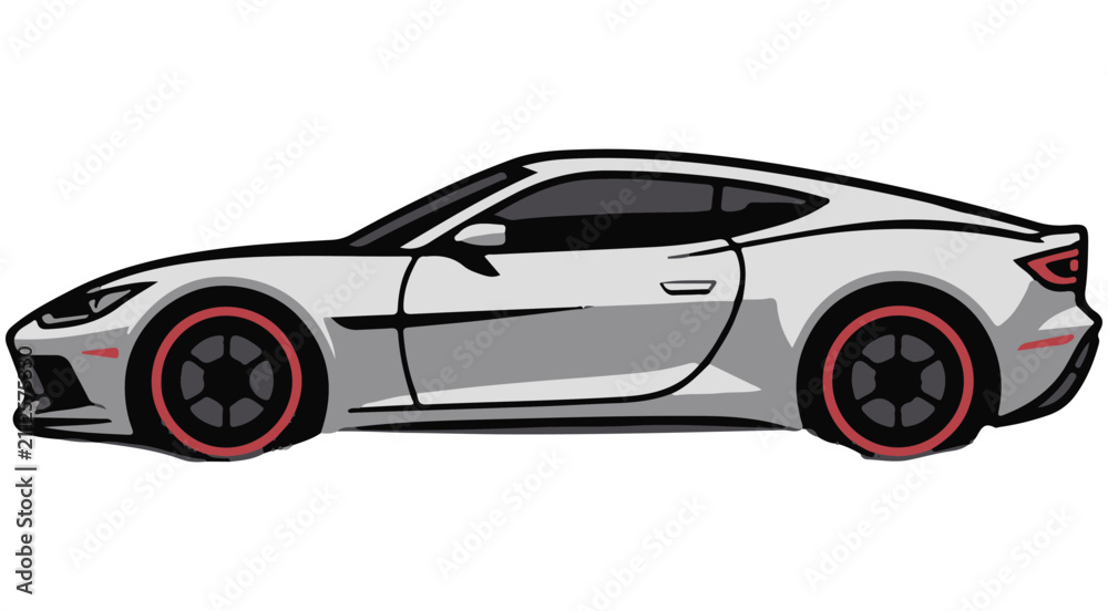 Fototapeta premium Silver sports car vector illustration side view with red rim wheels for automotive design
