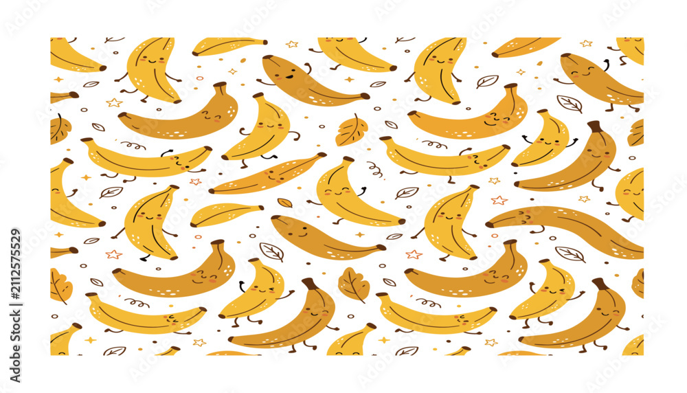 Obraz premium Seamless yellow banana pattern vector featuring cute hand drawn fruit characters with funny faces doodles and autumn leaves