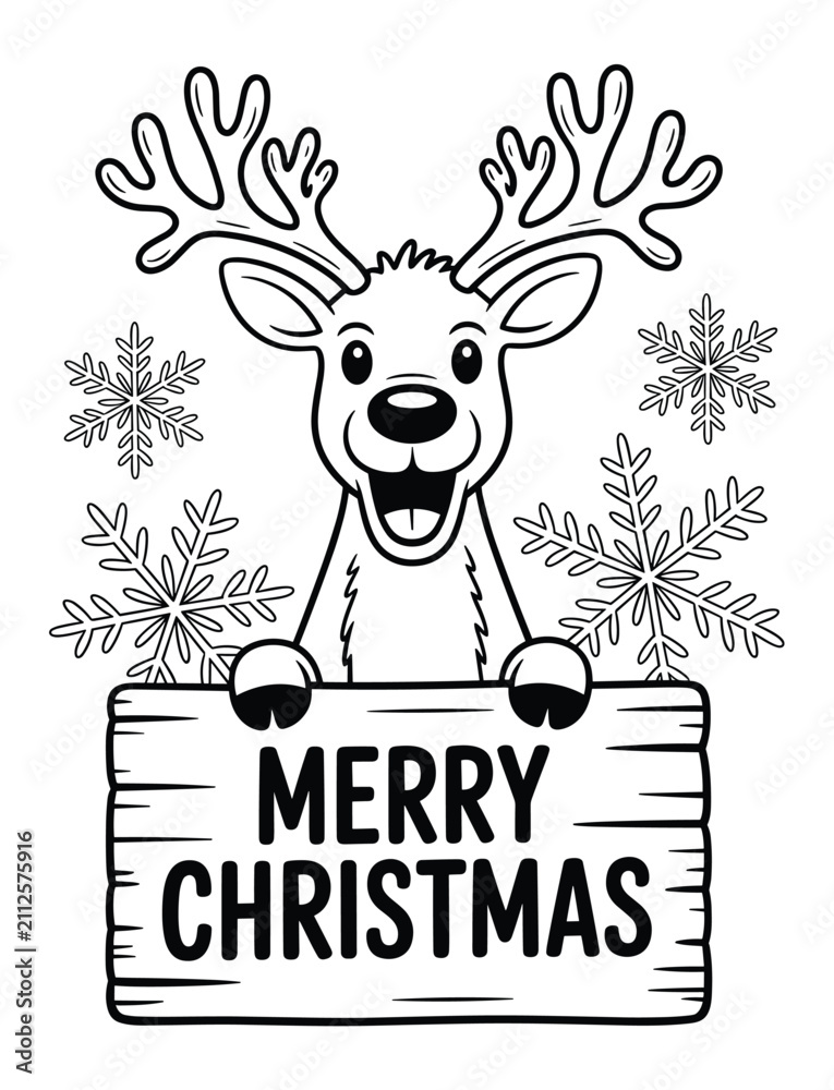 Naklejka premium Christmas Reindeer Greeting: A festive cartoon reindeer with a wide smile and majestic antlers holds a Merry Christmas sign, surrounded by snowflakes, bringing holiday cheer and warmth.