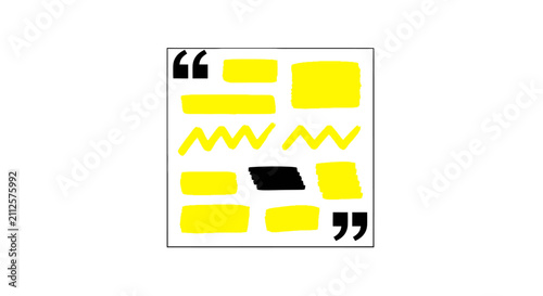 Foto Abstract yellow highlighter strokes and quotation marks, hand drawn marker text