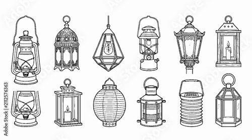 A collection of hand-drawn vintage and modern lantern illustrations.