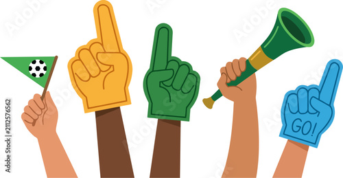 Soccer fan hands holding foam fingers and vuvuzela horn, diverse sports supporters cheering with pennant flag, colorful stadium accessories vector