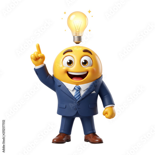 3D Businessman Emoji Character with Glowing Light Bulb Idea Concept