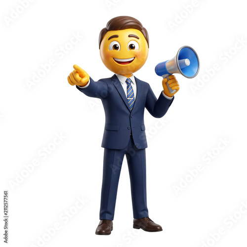 3D Businessman Emoji Character Holding Megaphone and Pointing