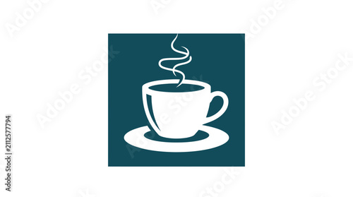 Minimalist white coffee cup icon with steam on teal background