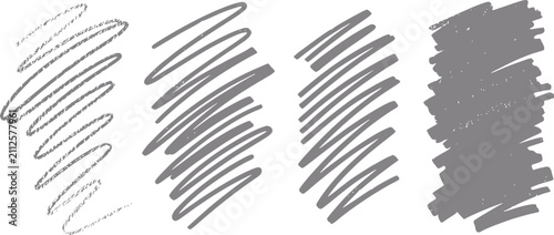 きれいな白い背景に隔離された、4つの異なるグレーの手書きの落書きテクスチャのコレクション
