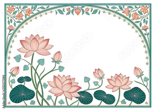 Contemporary Indian floral border with lotus flowers and leaves, minimal vector illustration, empty center, white background.