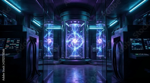 A futuristic laboratory interior featuring glowing blue energy portals and advanced technology equipment in a dark cinematic sci fi research facility setting