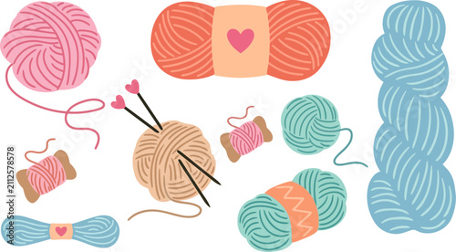 Fotografie Knitting yarn balls and wool skeins collection, colorful handicraft supplies for