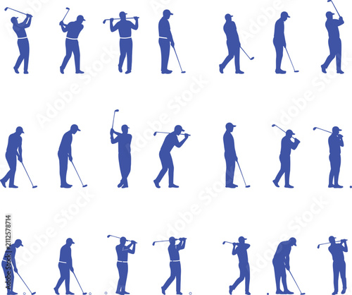 Golf Swing Sequence Silhouettes, Male Golfer Action Poses, Blue Vector Icons