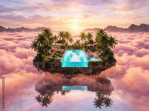 Surreal floating island villa with infinity pool above pink clouds at sunset