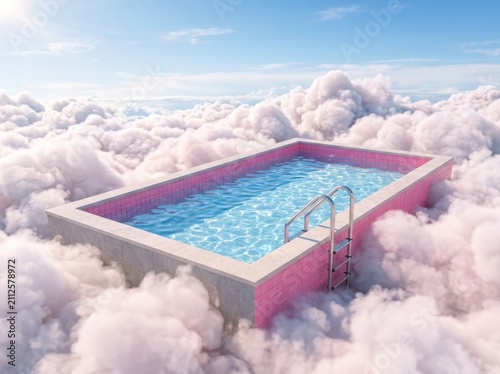 Surreal pink tiled swimming pool floating in fluffy clouds with blue sky and metal ladder for dream