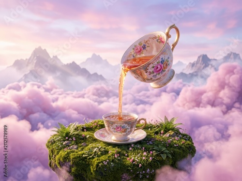 Surreal floating teacup pouring tea on mossy island above pink clouds and mountains