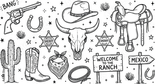 Hand drawn Wild West cowboy element vector pack featuring revolver gun cactus saddle bull skull and sheriff badge