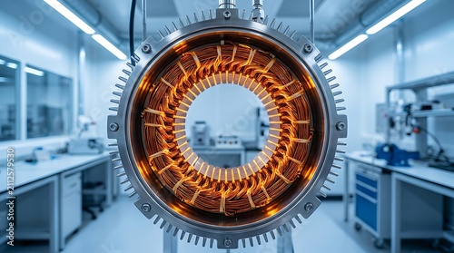 A close up view of a large industrial electric motor stator with copper windings inside a modern clean manufacturing facility or repair workshop