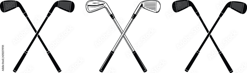 Obraz premium Crossed golf clubs vector illustration set featuring black silhouette and detailed outline golf iron driver club icons