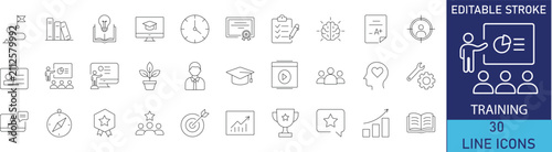 Corporate business training and skill development coaching line icon set. Vector symbols for workshop presentation, online course seminar, personal coaching, knowledge learning, and leadership develop