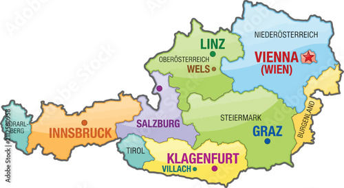Bild auf Leinwand Map of Austria with federal states and major cities