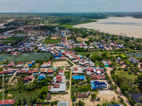 Fényképezés Aerial view of village near lake in Takéo, Cambodia