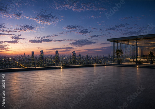 Modern city skyline with buildings, wide empty street and blue sky. Contemporary business district and urban architecture background.