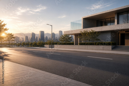 Modern city skyline with buildings, wide empty street and blue sky. Contemporary business district and urban architecture background.