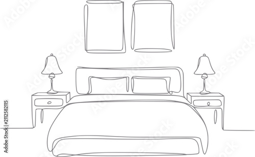 Fotografía Línea continua minimalista del interior de un dormitorio moderno con una cama, m