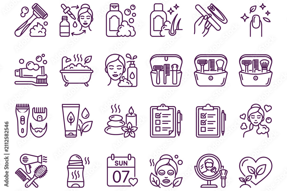 Fototapeta premium Beauty and skincare routine icons set with various tools and products for spa and wellness treatments