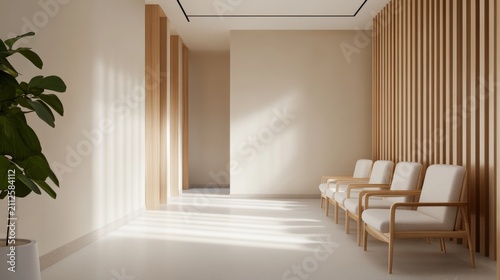Calming Empty Waiting Lounge Luxurious Minimalist Interior Alternate Seating Perspective, calming empty waiting room, modern commercial interior, relaxing hospitality design