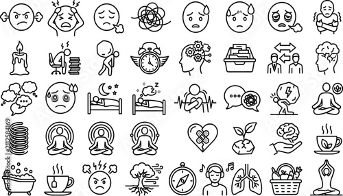 Foto Linear vector icon set depicting stress indicators, emotional burnout symptoms, anxiety, insomnia, depression, psychiatric support, and mindfulness relaxation techniques