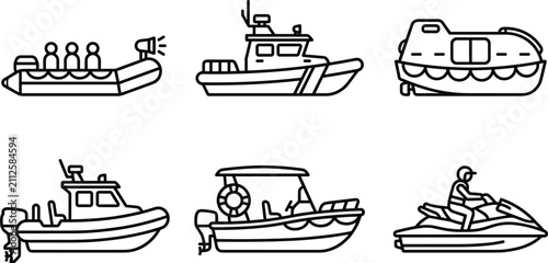 Foto Maritime Emergency Coast Guard Vessels and Water Rescue Craft Icon Set with Life