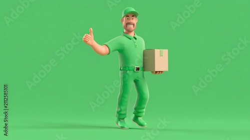 A delivery courier wearing a green collared polo shirt, a cap, and long trousers. The courier is walking to deliver a package while giving a thumbs-up with a cheerful expression. Green background, 3D 