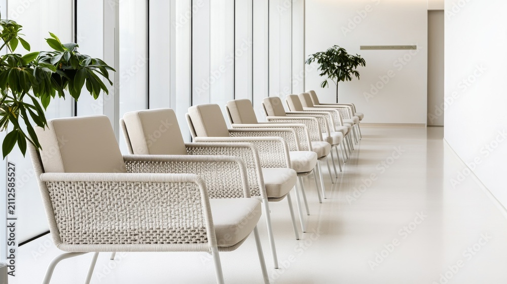 Fototapeta premium Empty Waiting Area Woven Fabric Seating Neutral Colors Sophis Wide Angle Interior View, calming empty waiting room, modern commercial interior, relaxing hospitality design