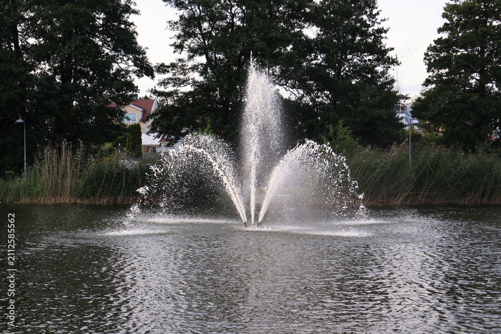 Fototapeta premium Water fountain spraying in a calm lake surrounded by trees.