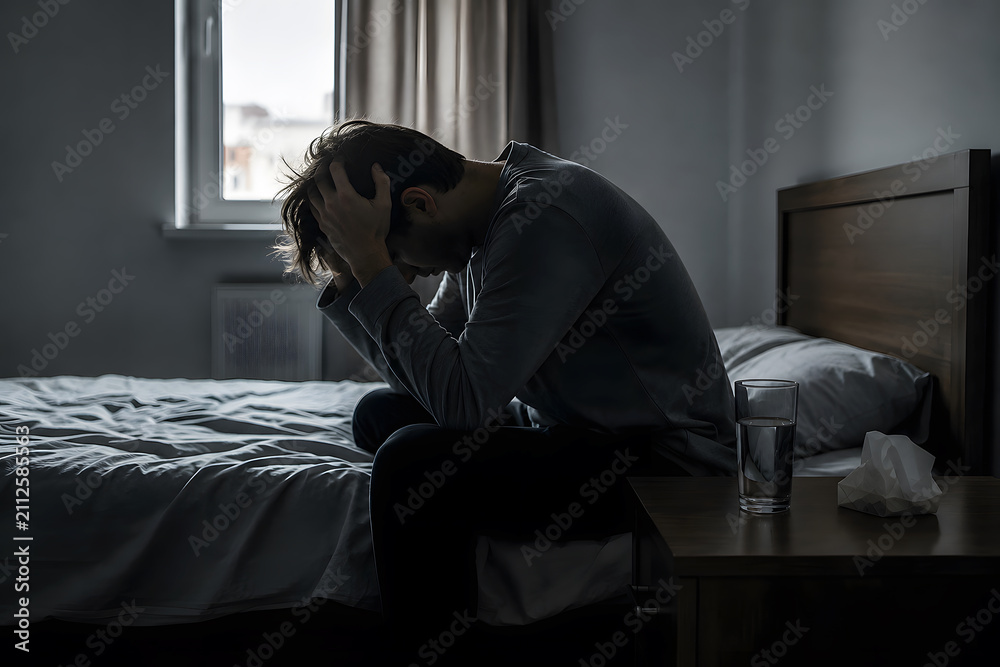 Fototapeta premium Depressed Young Man Sitting on Bed Holding His Head in a Dark Bedroom