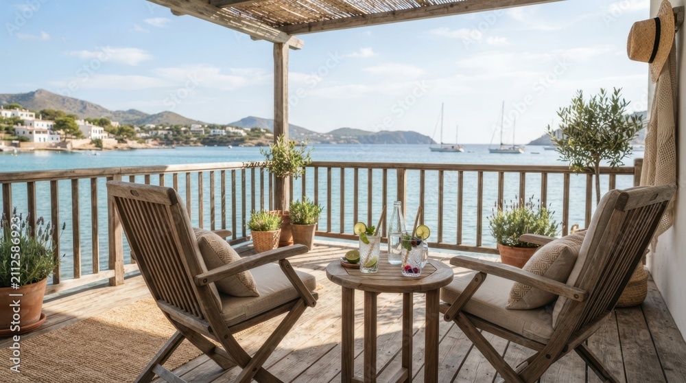 Obraz premium Relaxing wooden deck overlooking a serene bay with sailboats and coastal village