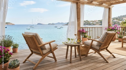Relaxing wooden chairs on a sun-drenched deck overlooking a tranquil turquoise sea