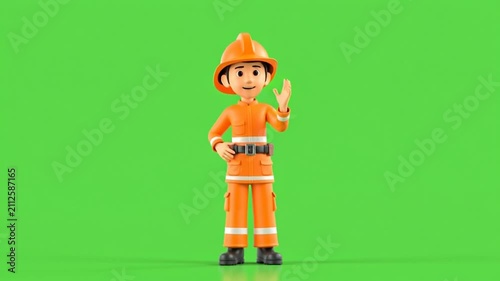 A firefighter in an orange uniform stands gesturing with their hands, appearing to provide instructions or education to the local community, set against a green background with a 3D model.