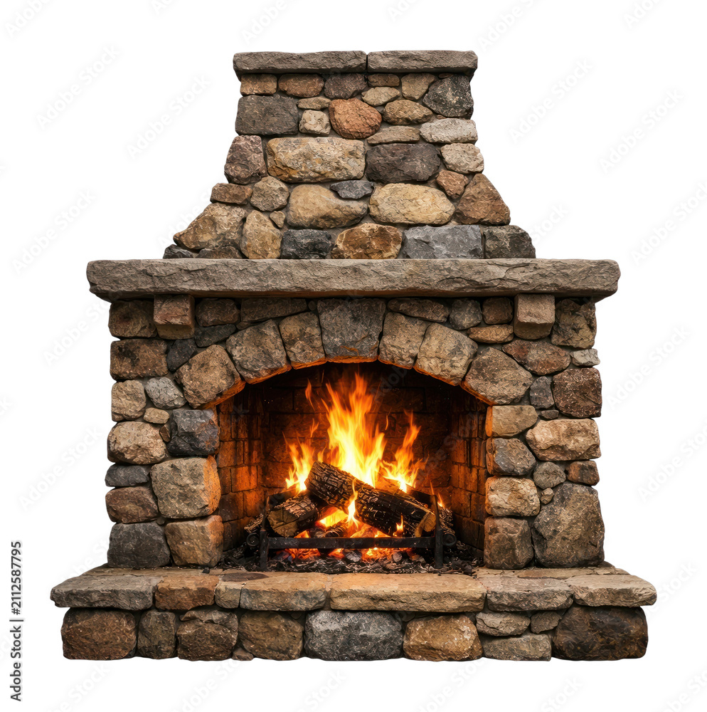 Obraz premium PNG Cozy stone fireplace with fire.