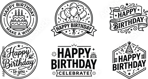 Set of decorative happy birthday badges and labels isolated on transparent background silhouette
