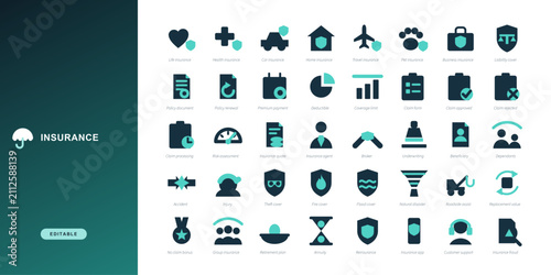 Bild auf Leinwand Flat Insurance icon set with editable stroke