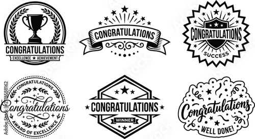 Set of six vintage congratulations badges and emblems in a black silhouette isolated on transparent background