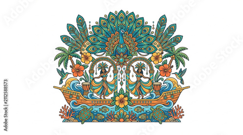 Bild auf Leinwand Colorful Hindu Deities in Ornate Nature Scene.