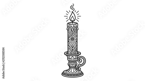 Minimalist Black and White of an Ornate Lit Candle on an Intricate Base with high quality professional line art symbols for modern creative design and digital branding projects