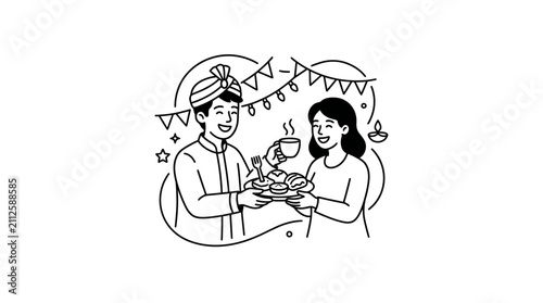 Minimalist Black and White of Couple Sharing a Meal with Festive Decorations and Cultural Elements