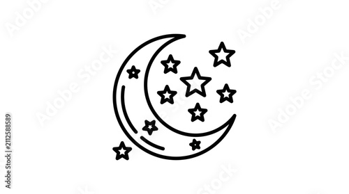 Minimalist Black and White of Crescent Moon with Scattered Stars and Sparkles for Night Sky Design